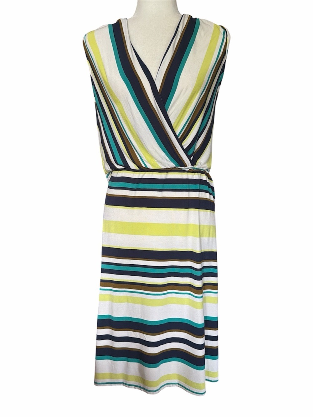 Merona Striped Wrap Midi Dress in White, Teal & Lime